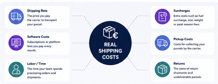 Infographic showing the main components of real business shipping costs in the Netherlands