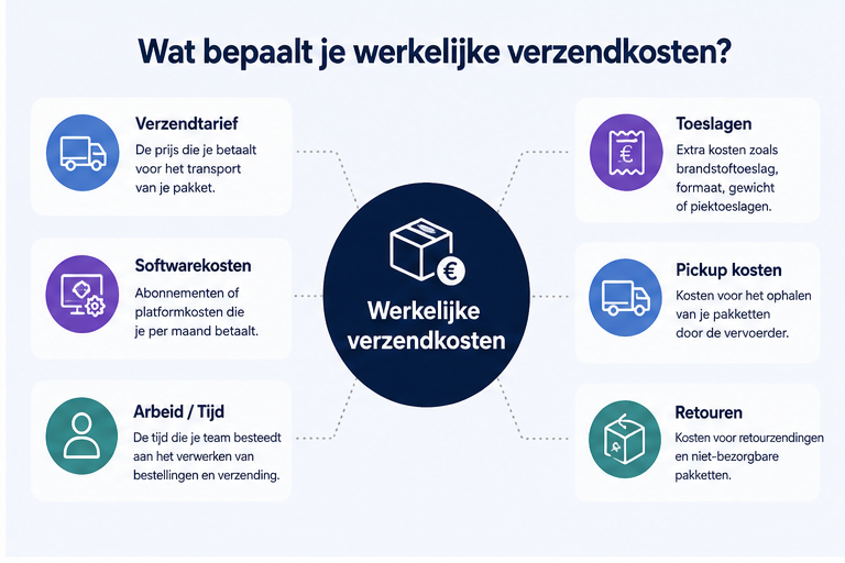 Infographic met de belangrijkste onderdelen van de werkelijke verzendkosten voor webshops