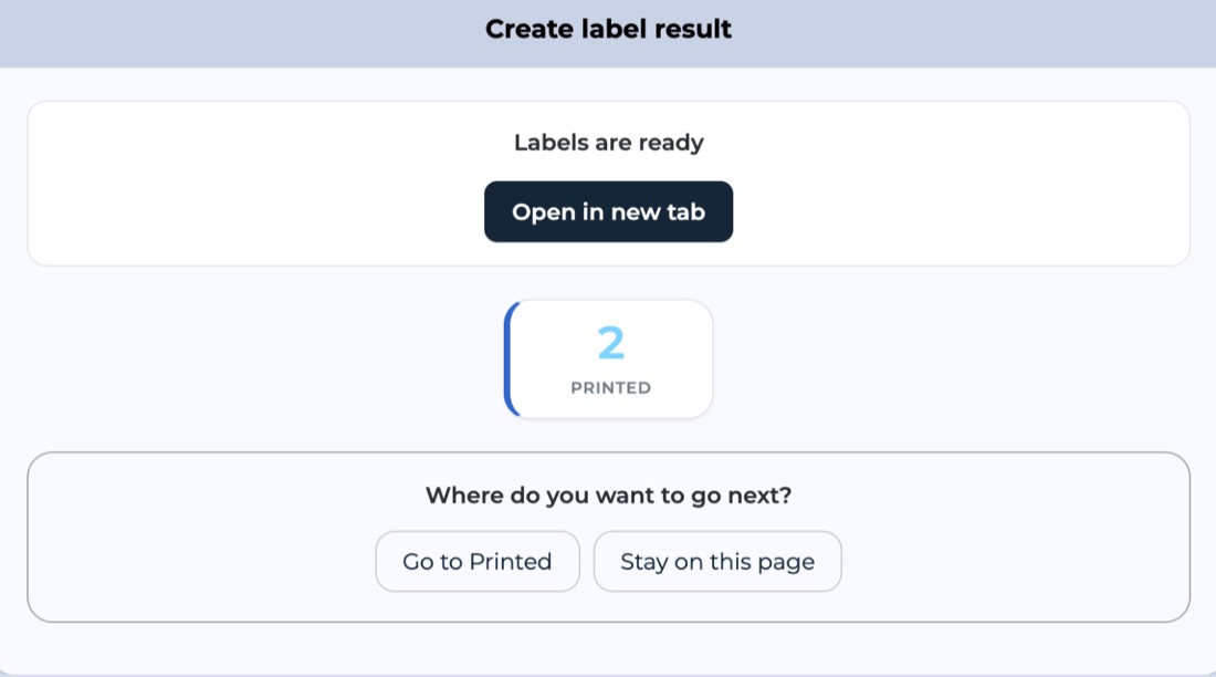 Bulk label result screen with the Open in new tab button