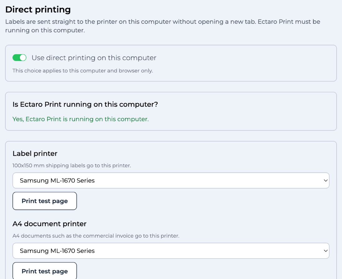 Direct printing settings: Ectaro Print is running, label printer and A4 printer selected