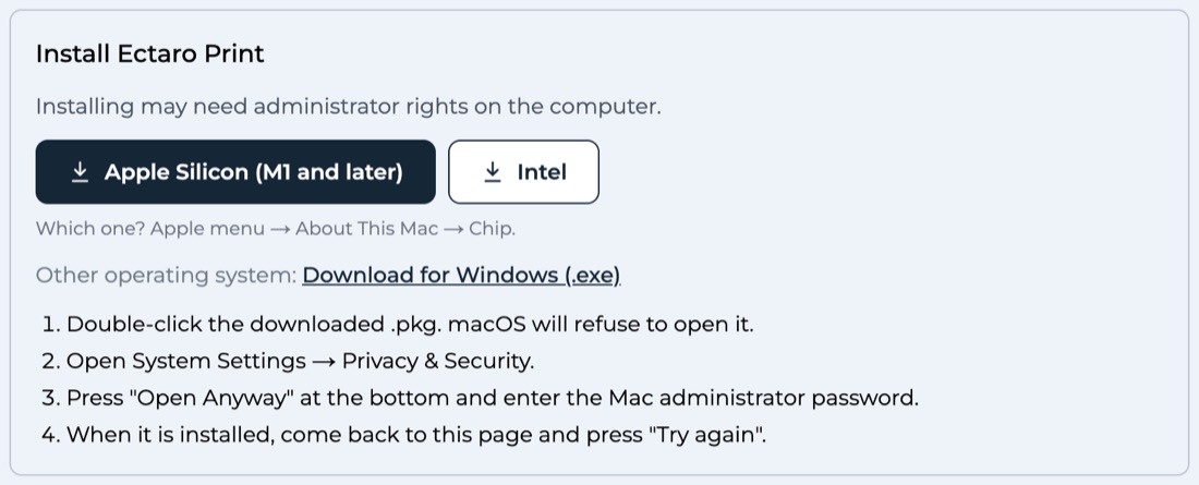Install Ectaro Print in Ectaroship: download buttons for Apple Silicon, Intel and Windows