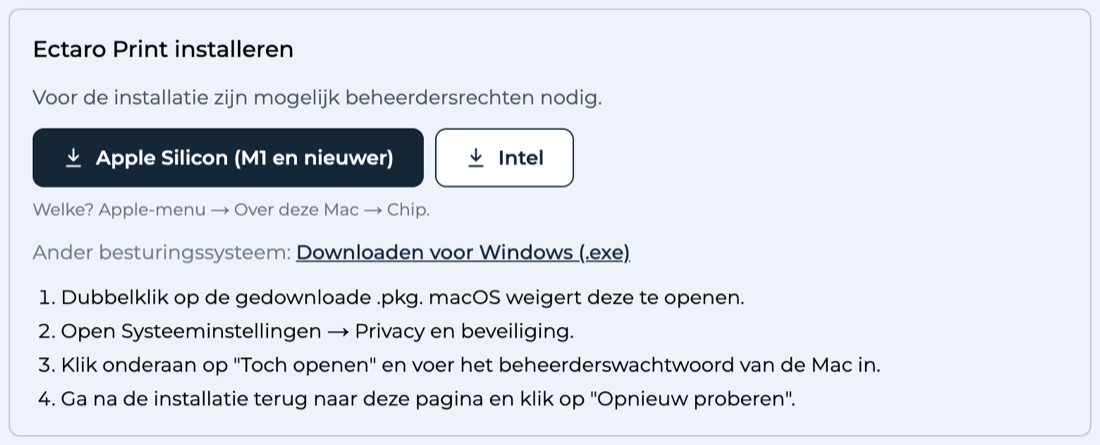 Ectaro Print installeren in Ectaroship: downloadknoppen voor Apple Silicon, Intel en Windows