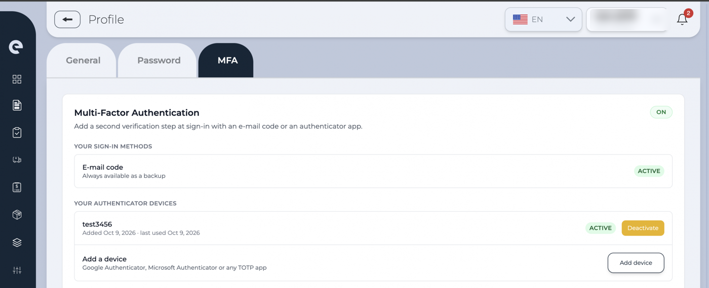 Profile page, MFA tab