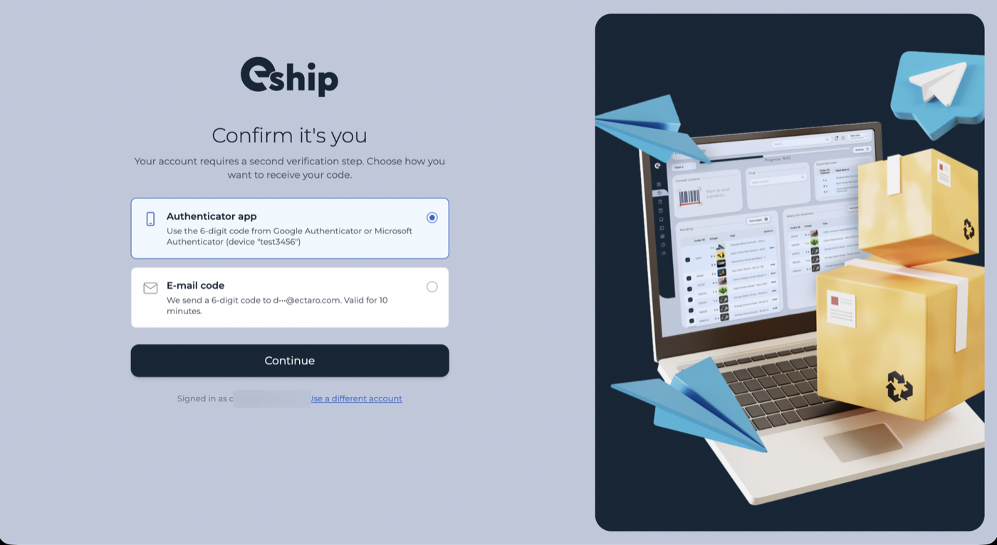 EctaroShip sign-in screen: choose authenticator app or e-mail code