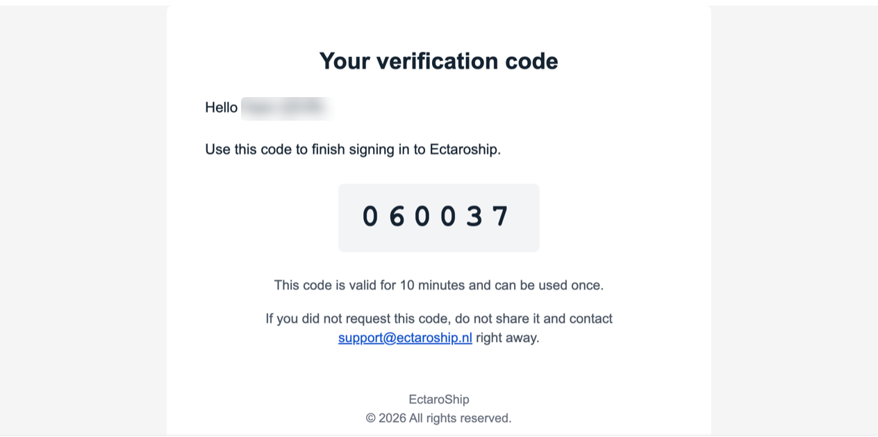 Example of the verification code e-mail